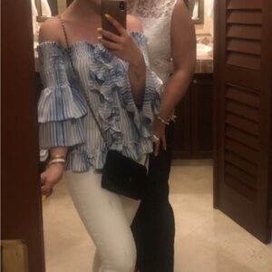 MISA Los Angeles Off Shoulder Blue White Stripe Linen Ruffle Top Small